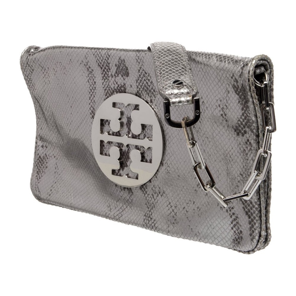 TORY BURCH Audra Reva Clutch
Python Snake Leather Logo Shoulder
Bag in Silver